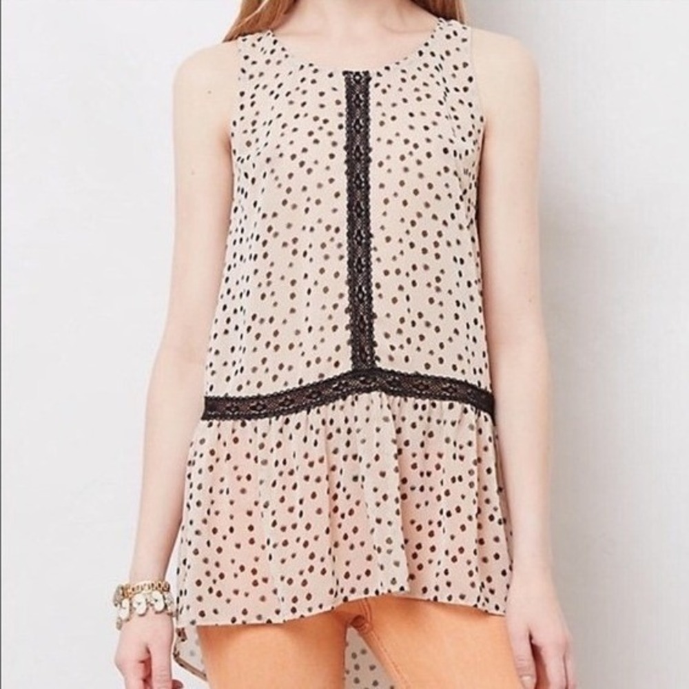 Anthropologie Stitch X Stitch Sheer Lace Top M Beige Black‎ Polka Dot Sheer Twee